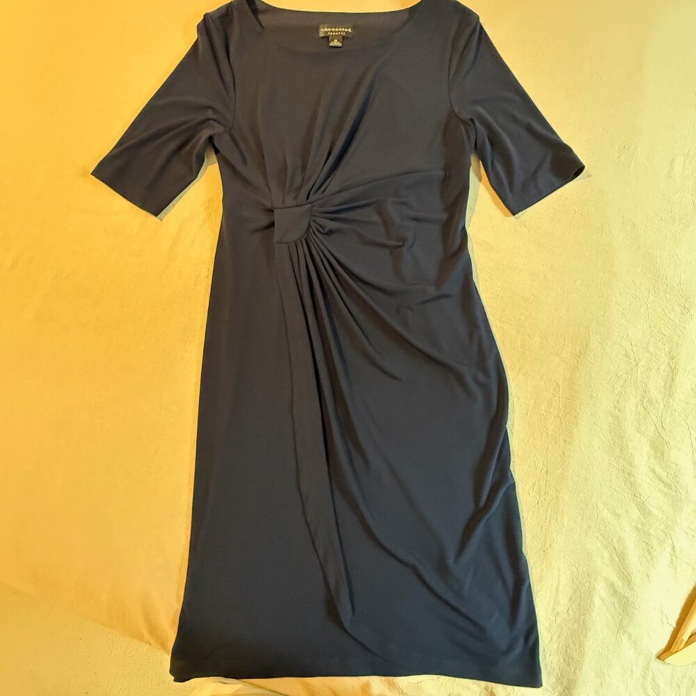 Connected Apparel Navy‎ Blue Gathered Faux Wrap Dress Size 10